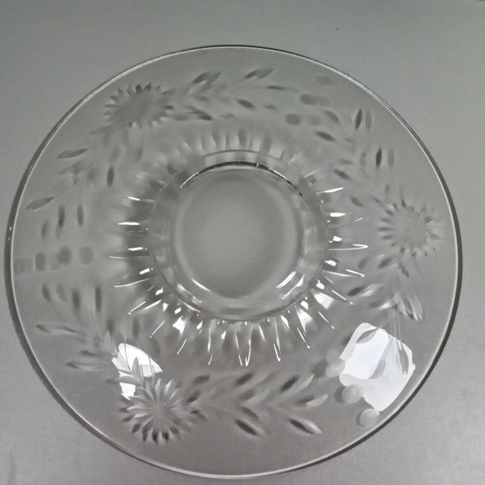 Vintage Etched Floral Glass Platter 13.5 Inch Round‎ Sunburst  Clear Frosted